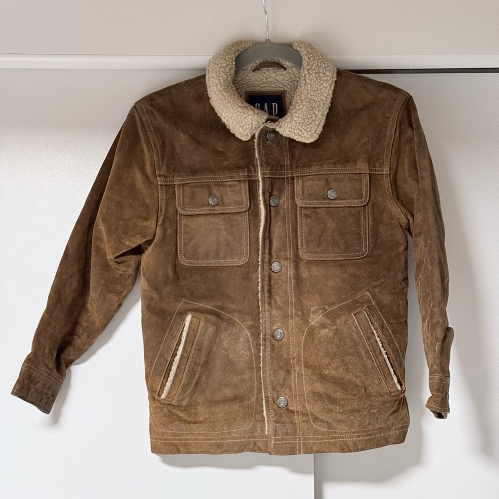 GAP Kids Brown Leather/Suede Sherpa Jacket – Size M (7-8) – Vintage Style